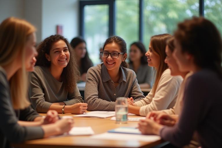 Grupo de pessoas participando ativamente de um workshop de comunicação com sorrisos no rosto
