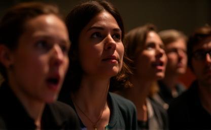 Grupo de pessoas ouvindo atentamente uma história sendo contada, com rostos expressivos